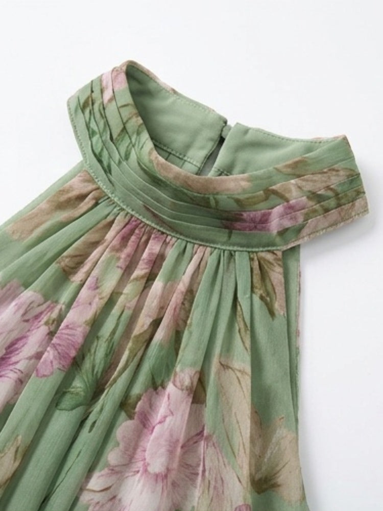 Abito Maxi Halter in Chiffon Verde con Fiori