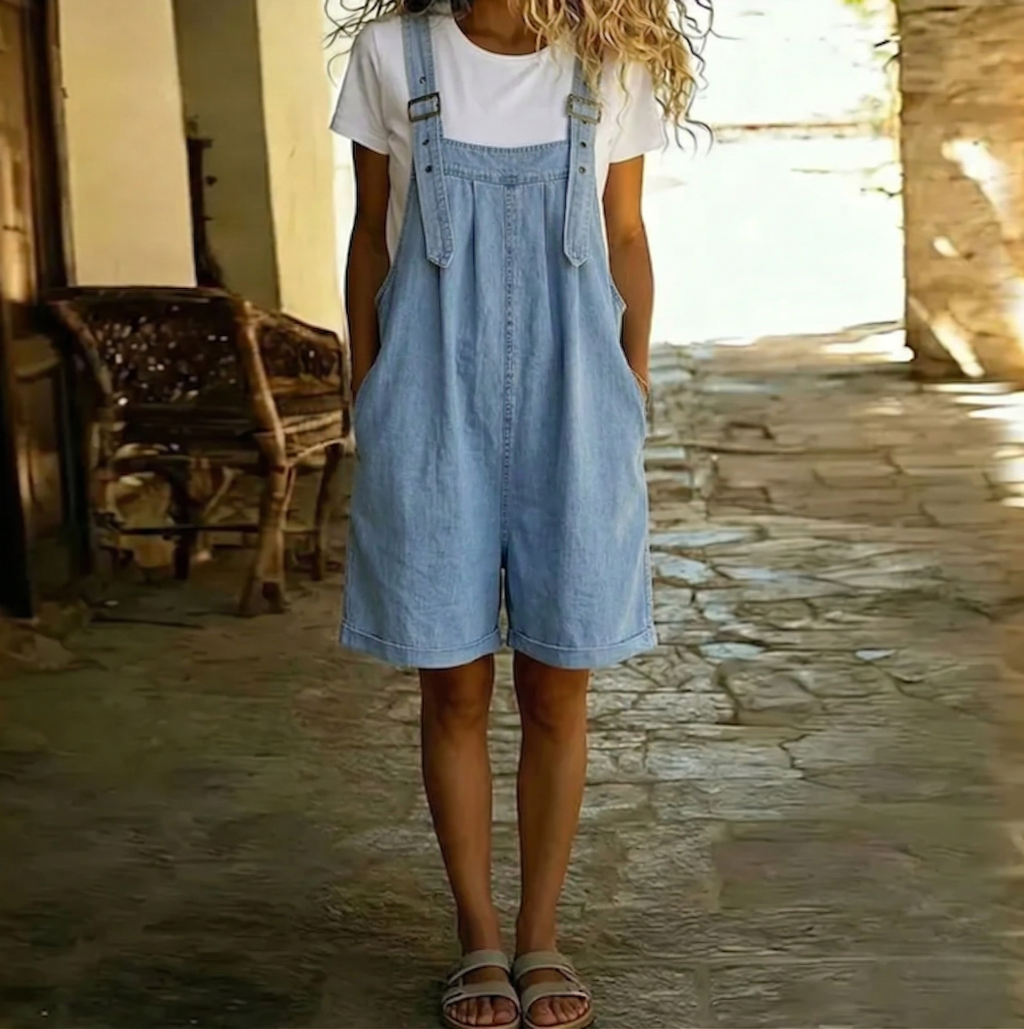 Saylor | Tuta corta in morbido denim lavato vintage azzurro