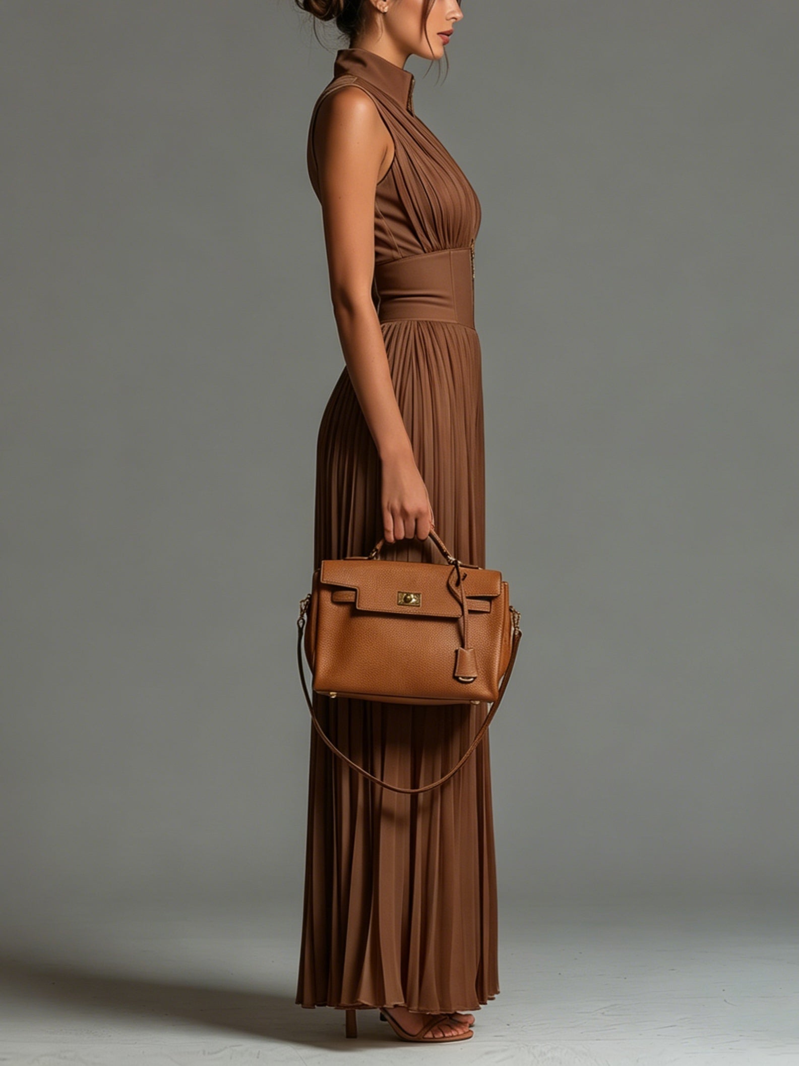 Tuta in Chiffon Marrone Senza Maniche con Zip e Pieghe a Gamba Larga