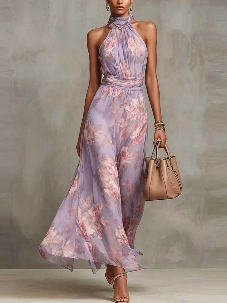 Abito Maxi in Chiffon Floreale Rosa