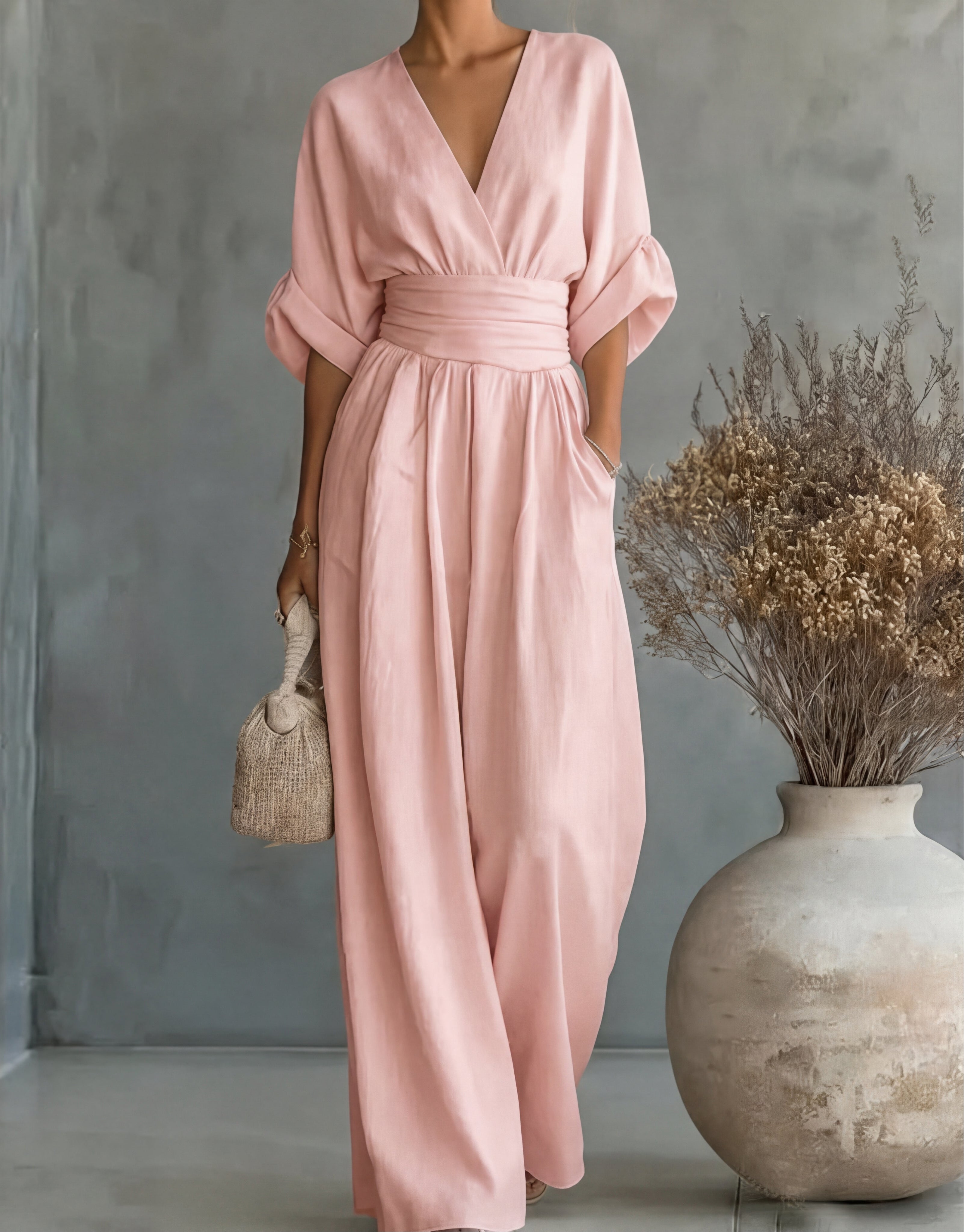 Daniela - Tuta elegante con scollatura a V e pantaloni a gamba larga