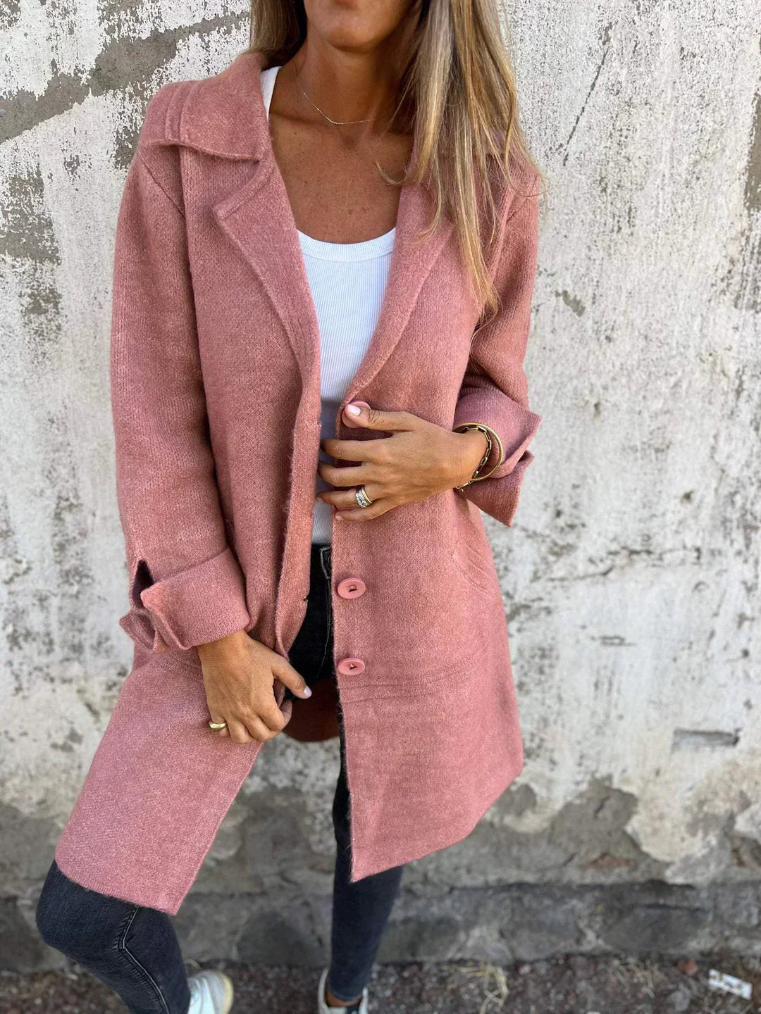 Milena – Cappotto Lungo Casual in Lana con Revers e Chiusura Monopetto