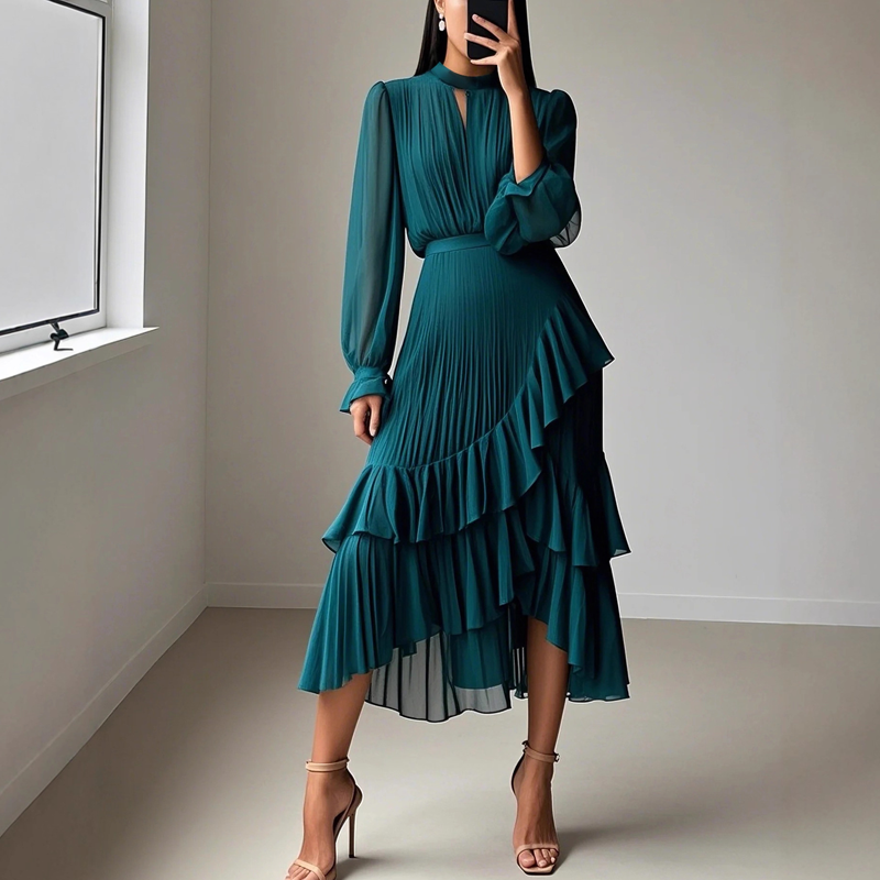 Clara | Vestido midi plisado con volantes