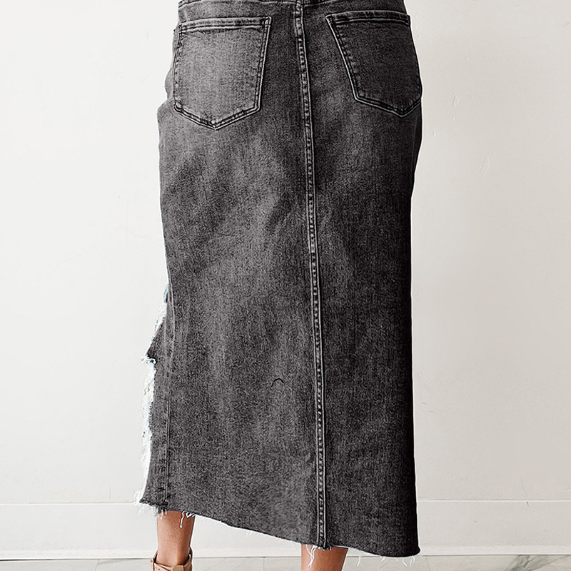 Gonna midi in denim a vita alta con dettagli strappati