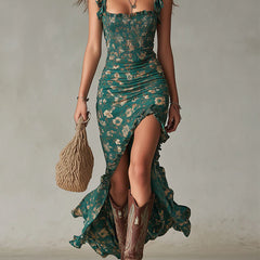 Abito Verde bohemien maniche ruffle