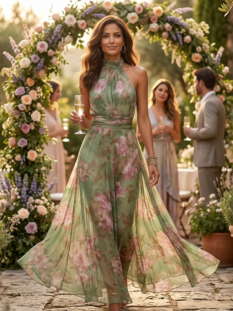 Abito Maxi Halter in Chiffon Verde con Fiori