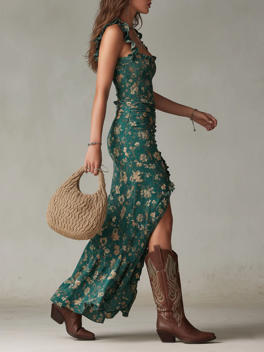 Abito Verde bohemien maniche ruffle