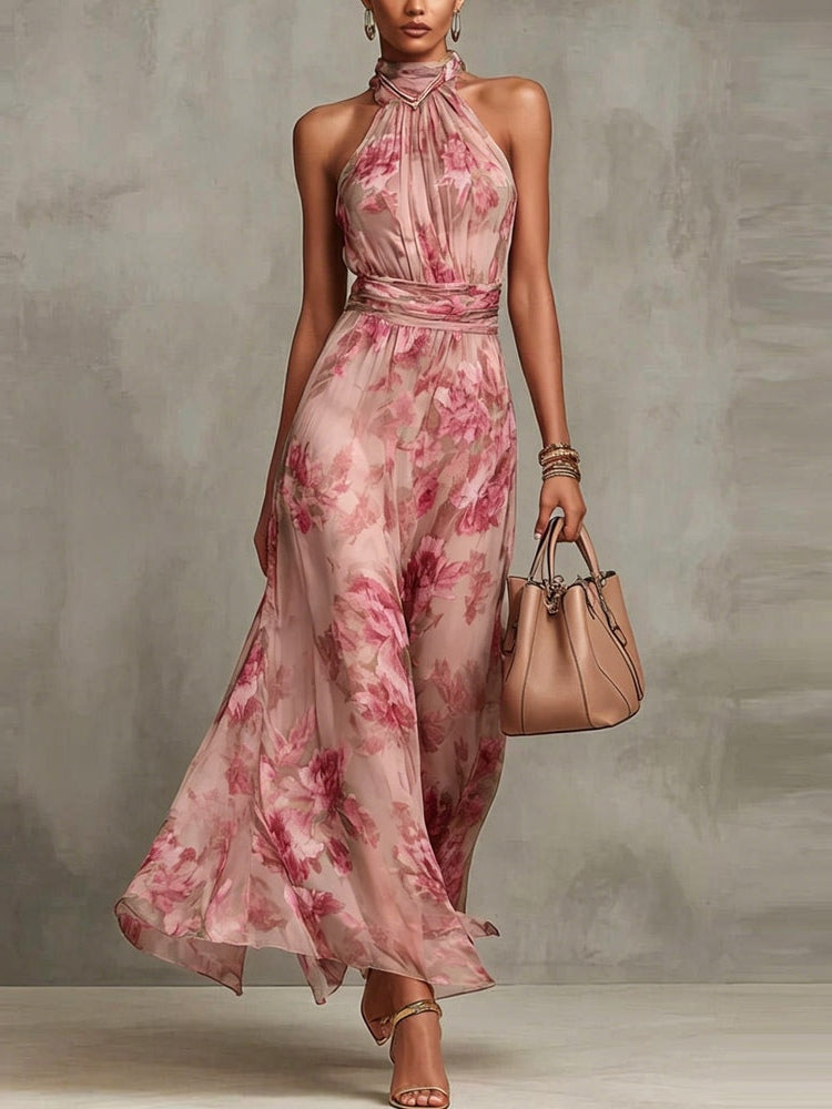 Abito Maxi in Chiffon Floreale Rosa