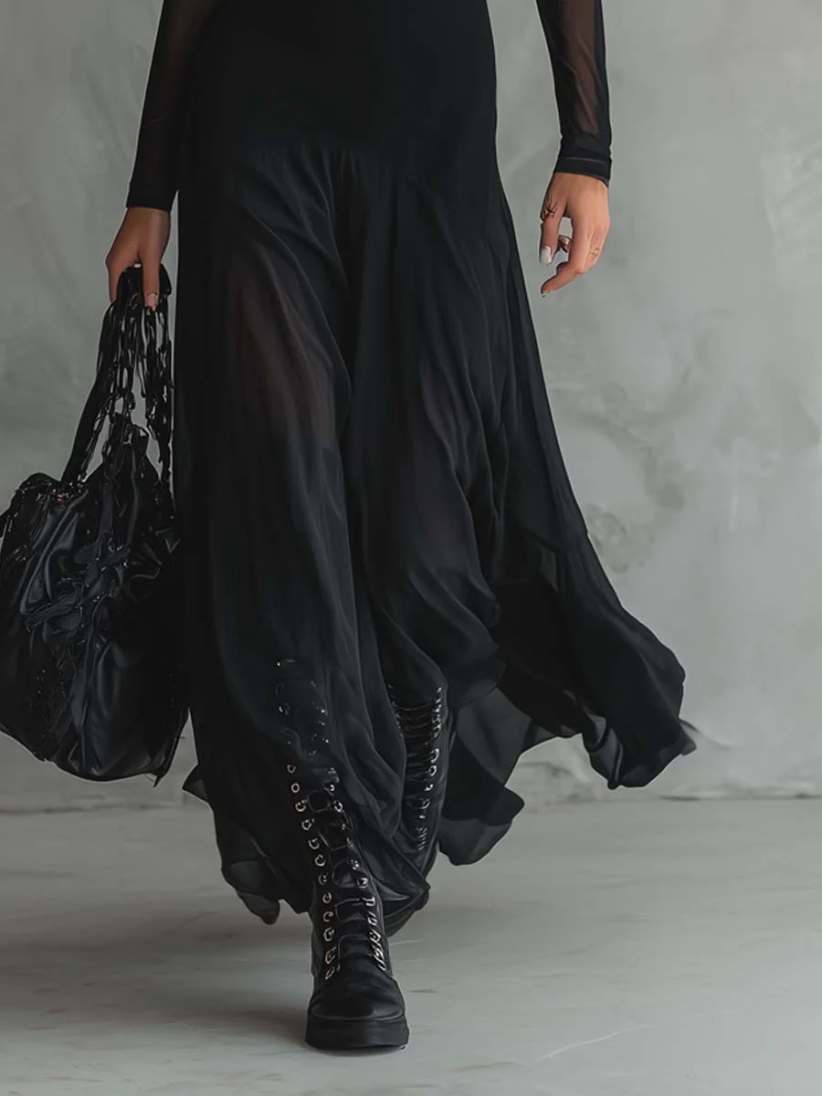Abito Maxi in Tulle Nero Patchwork