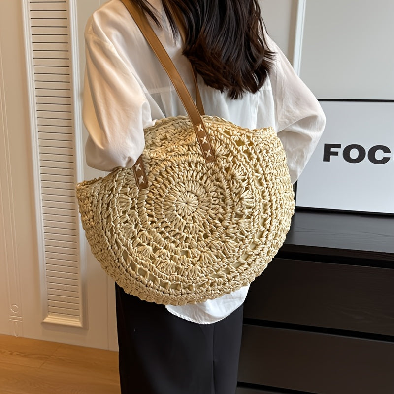 Luigia | Borsa Tonda in Paglia Intrecciata con Motivo — Beige Naturale