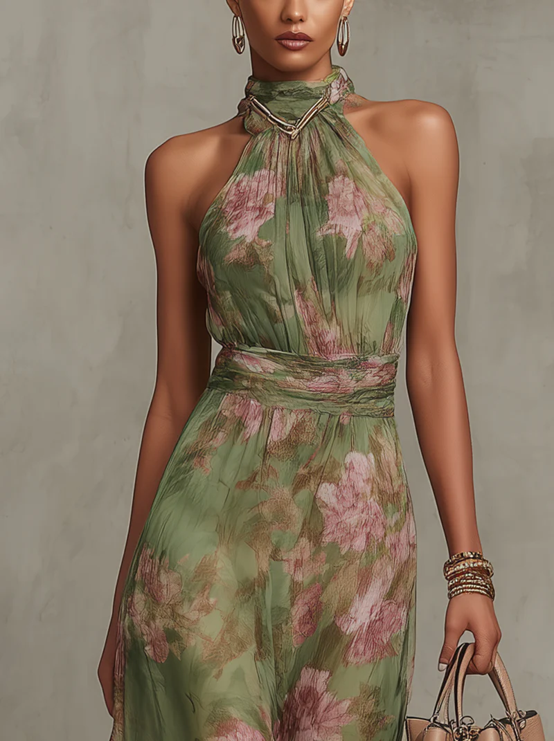 Abito Maxi Halter in Chiffon Verde con Fiori