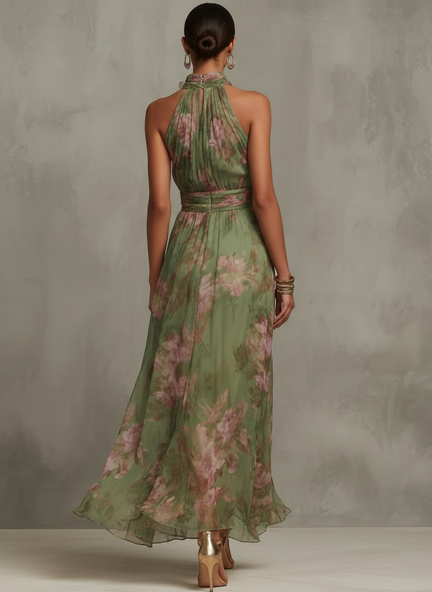 Abito Maxi Halter in Chiffon Verde con Fiori