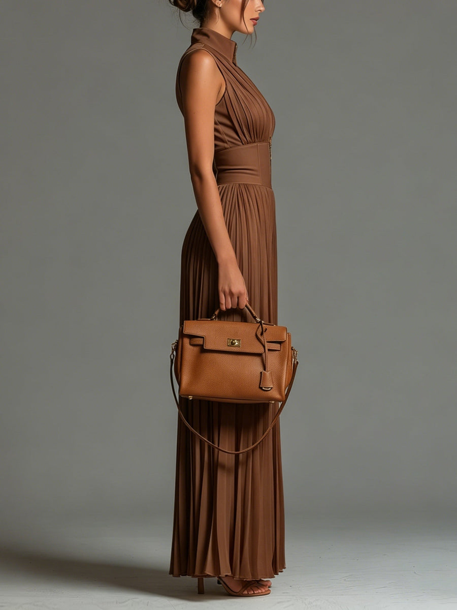 Tuta in Chiffon Marrone Senza Maniche con Zip e Pieghe a Gamba Larga