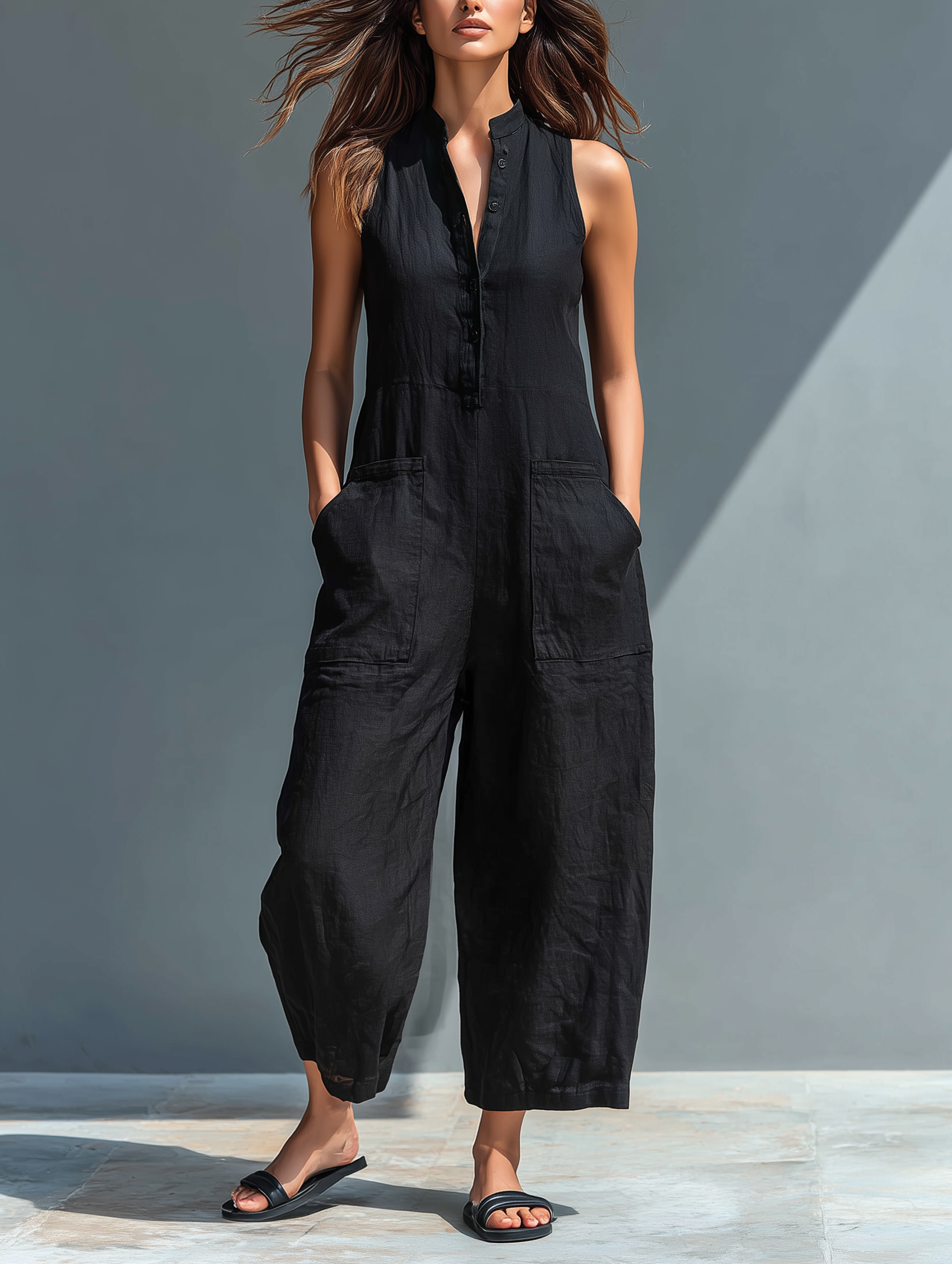 DORIA | Mono minimalista sin mangas para mujer con cuello alto y botones