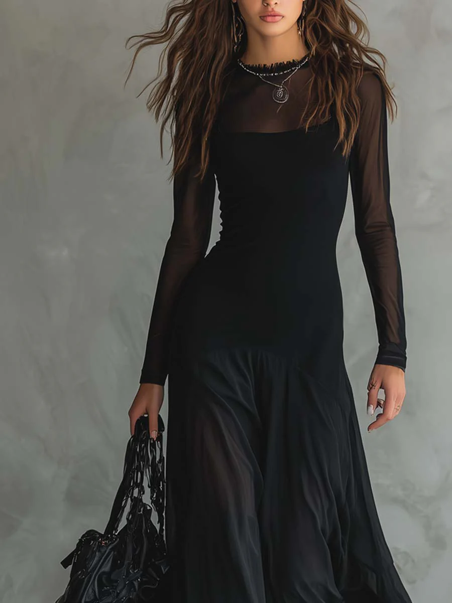Abito Maxi in Tulle Nero Patchwork