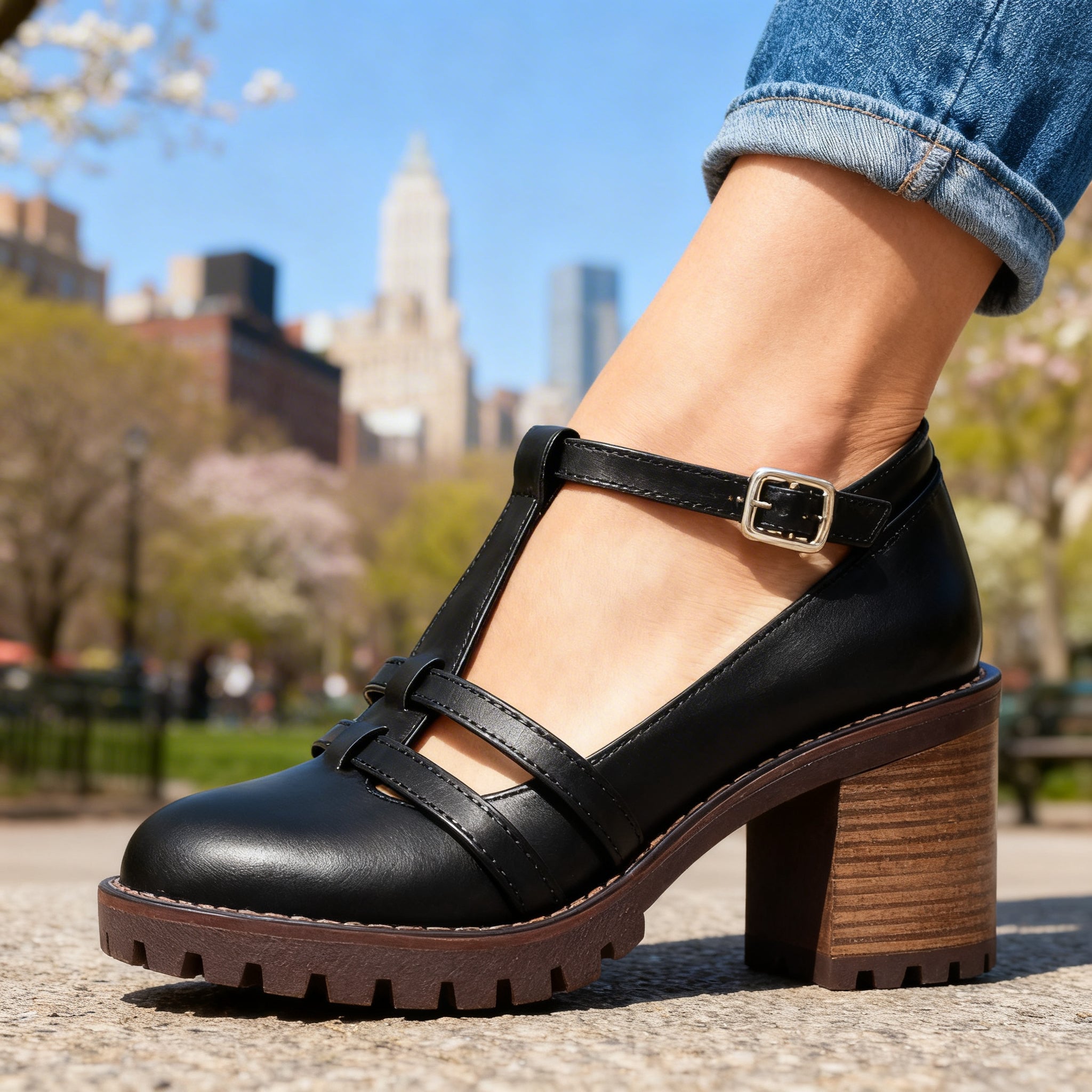 Romilly | Mocassino con Cinturino a T e Tacco Largo